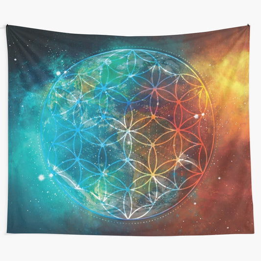 Cosmic tapestry with the Flower of Life symbol and sacred Earth imagery