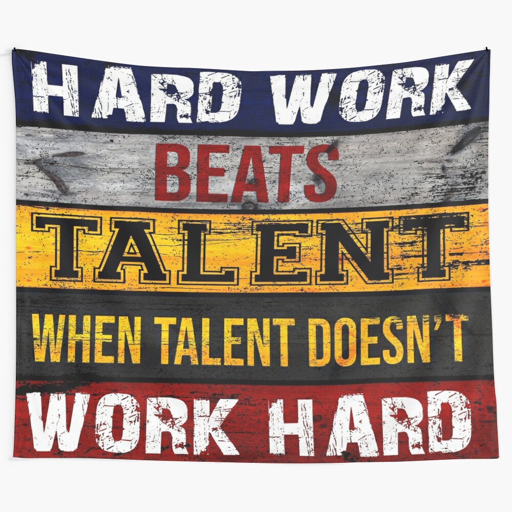 Vintage wood tapestry with "Hard Work Beats Talent" motivational quote