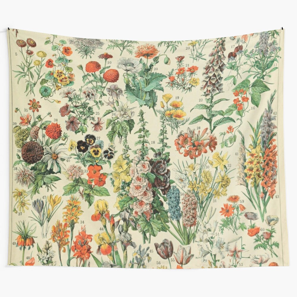 Vintage floral tapestry featuring classic botanical illustrations by Adolphe Millot