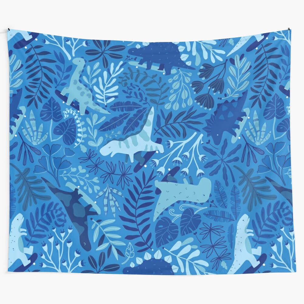 Vibrant dinosaur and tropical botanical pattern tapestry design