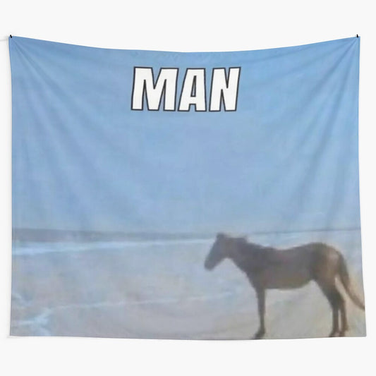 A large tapestry depicting a horse looking out over the ocean, perfect for adding a fun, meme-inspired touch to your home.