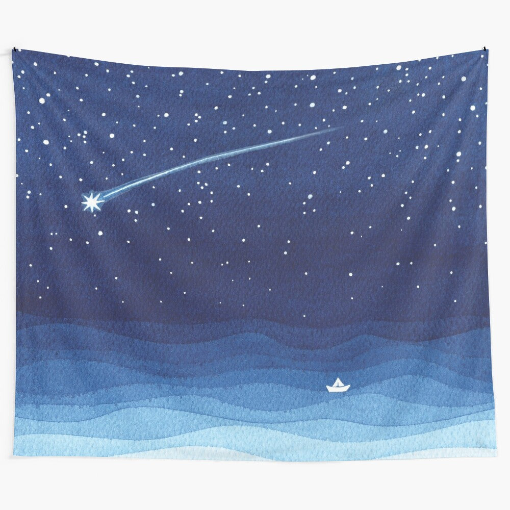 Watercolor tapestry featuring a sailboat, falling stars, and ocean waves