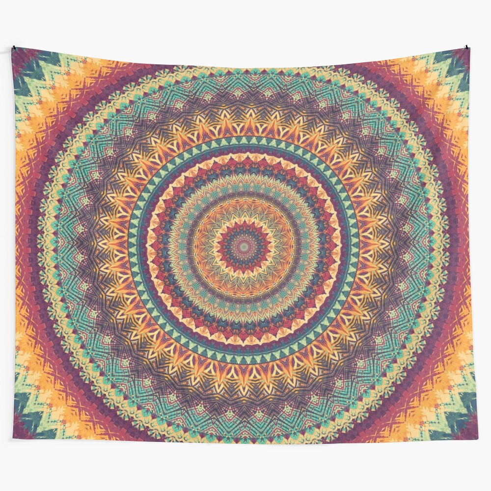 Colorful mandala tapestry with sacred geometry design