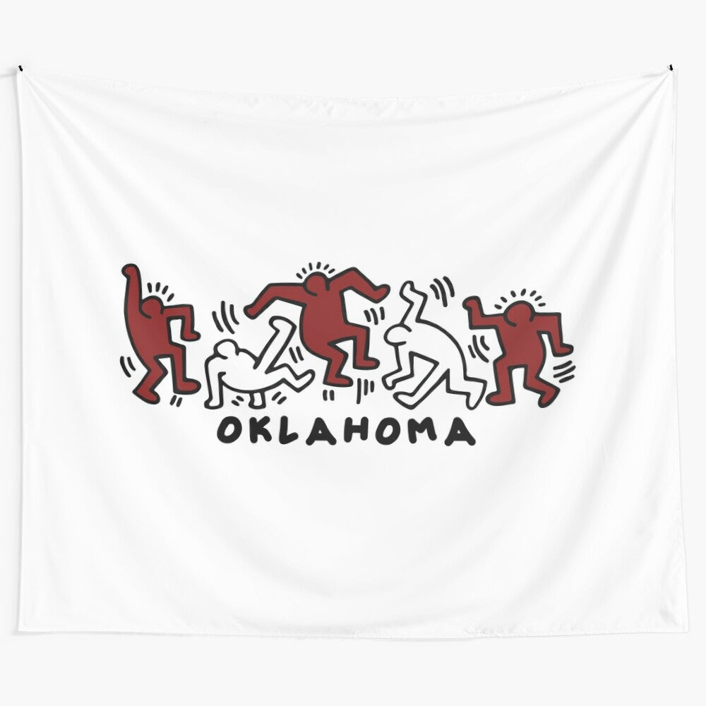 Oklahoma Sooners college tapestry featuring the university's signature colors and logos