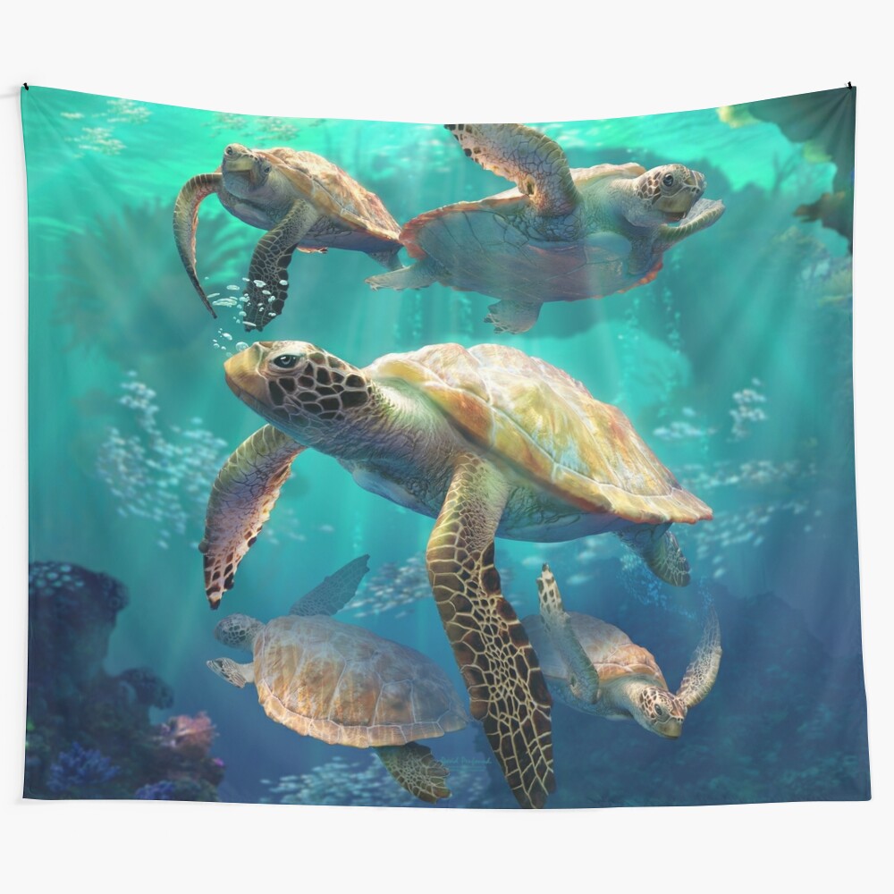 Stunning tapestry featuring a school of sea turtles swimming through a vibrant coral reef