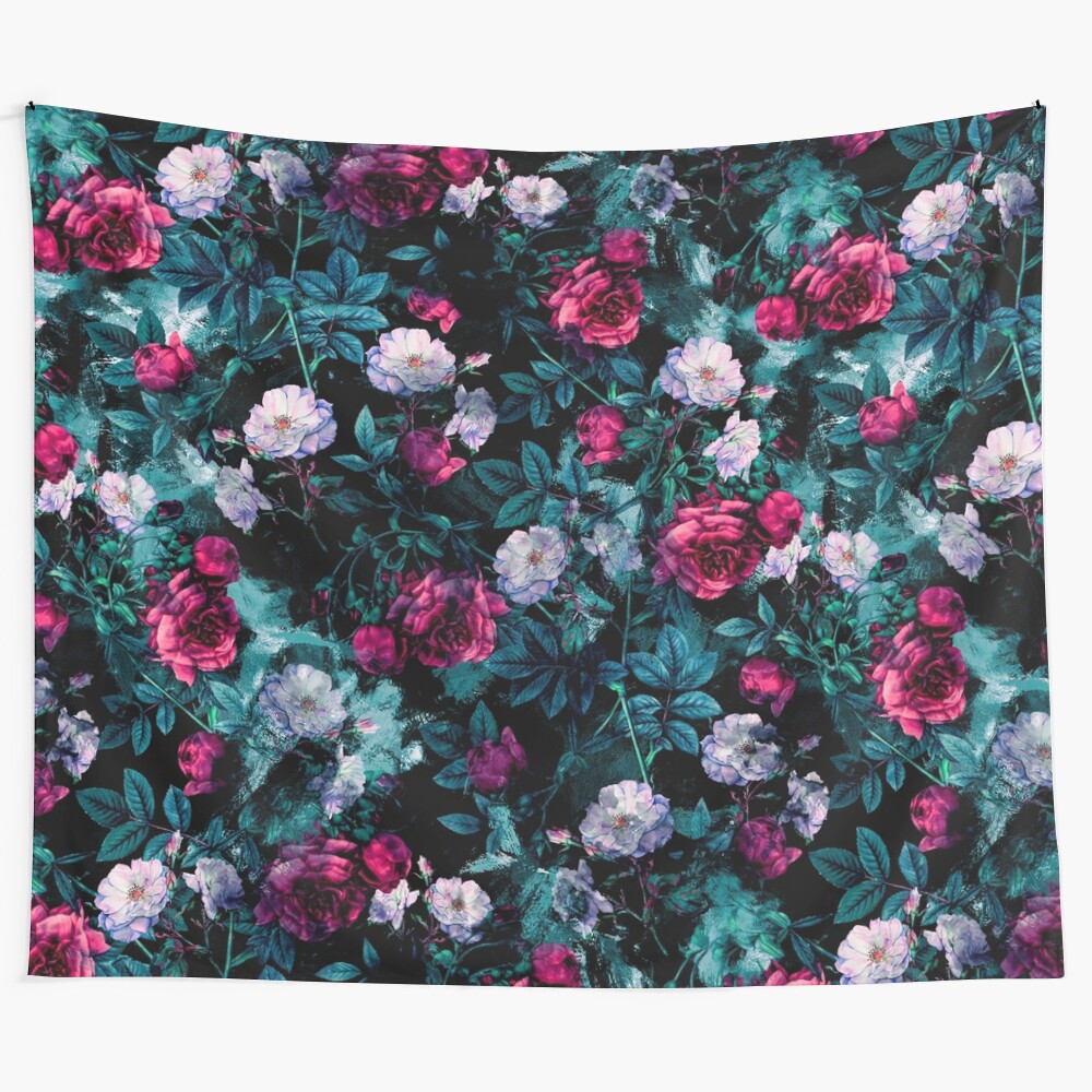 Floral abstract tapestry wall art with vibrant colors and grunge textures