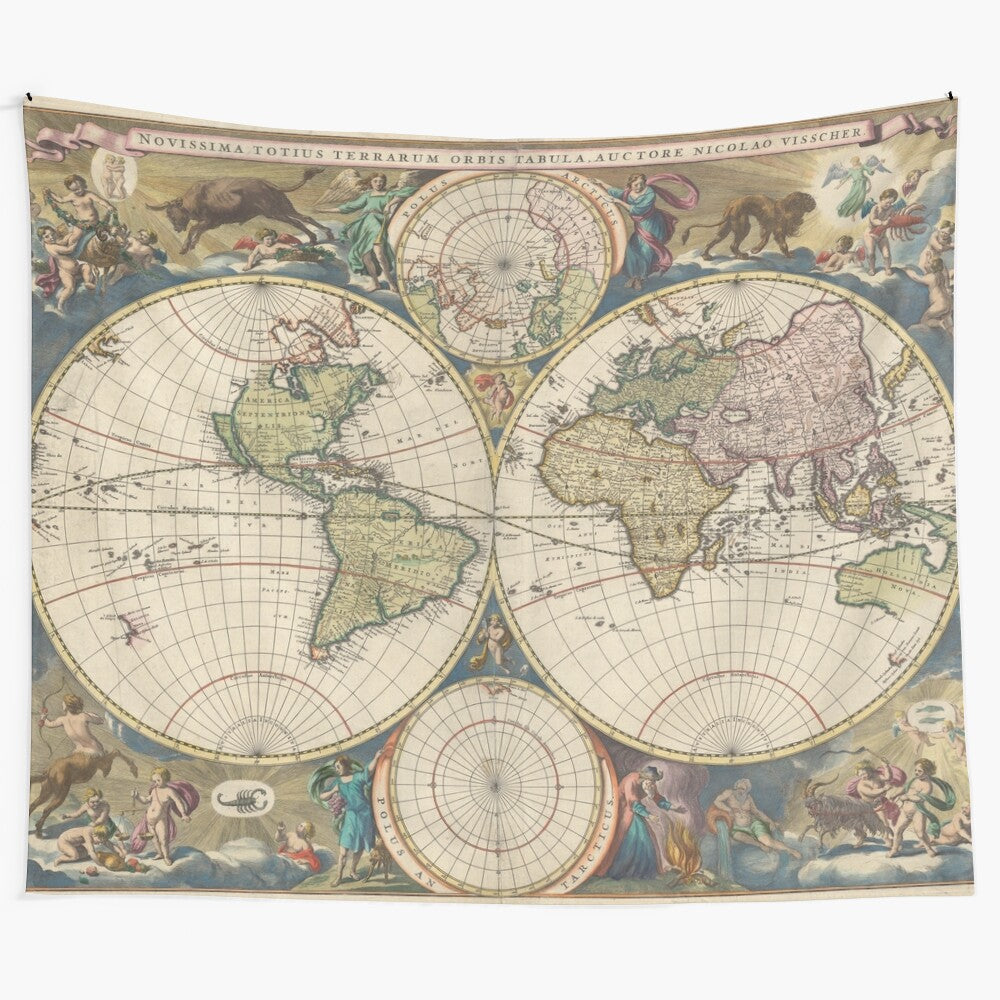 Vintage-inspired world map tapestry with historical cartography design