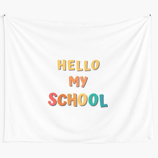 Colorful educational tapestry featuring school elements