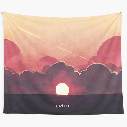 A beautiful tapestry depicting a scenic mountain landscape with clouds, perfect for a romantic and peaceful home decor