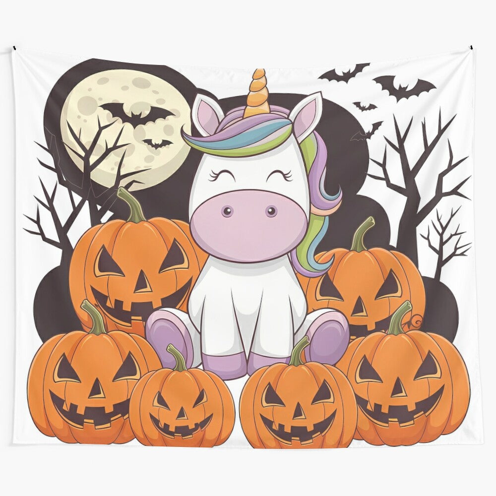 Cute and whimsical Halloween unicorn tapestry with pumpkins, moon, and spooky elements