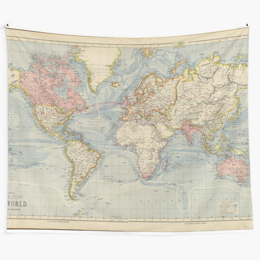 Vintage-inspired boho world map tapestry in pastel colors