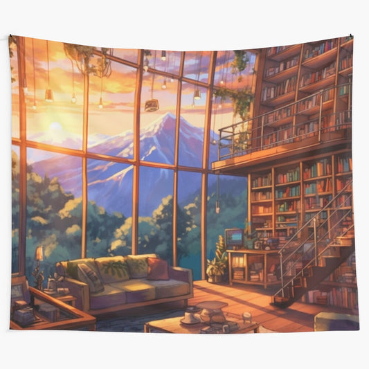 Serene digital art featuring a cozy library with a beautiful nature landscape and mountains in the background.