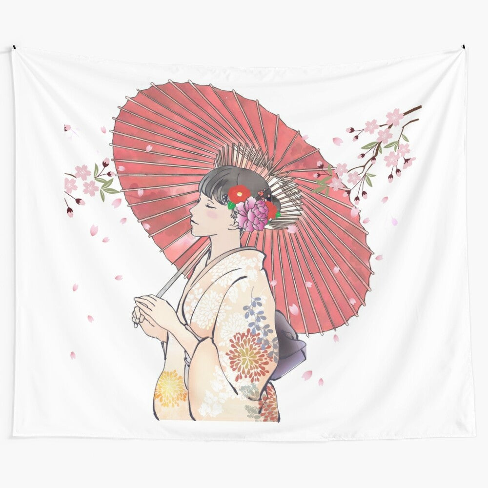 Vibrant tapestry depicting a woman in a kimono with a parasol among sakura blossoms