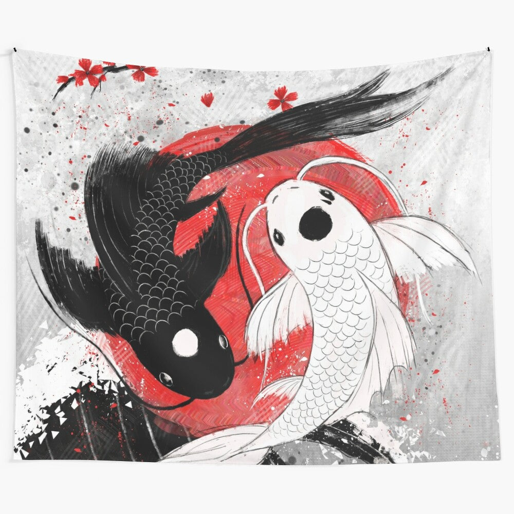 Beautifully detailed koi fish tapestry with yin yang design in red, white, and black colors