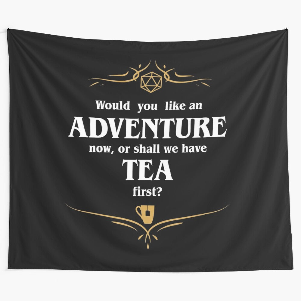 Tabletop RPG adventure or tea themed tapestry for fantasy and gaming enthusiasts