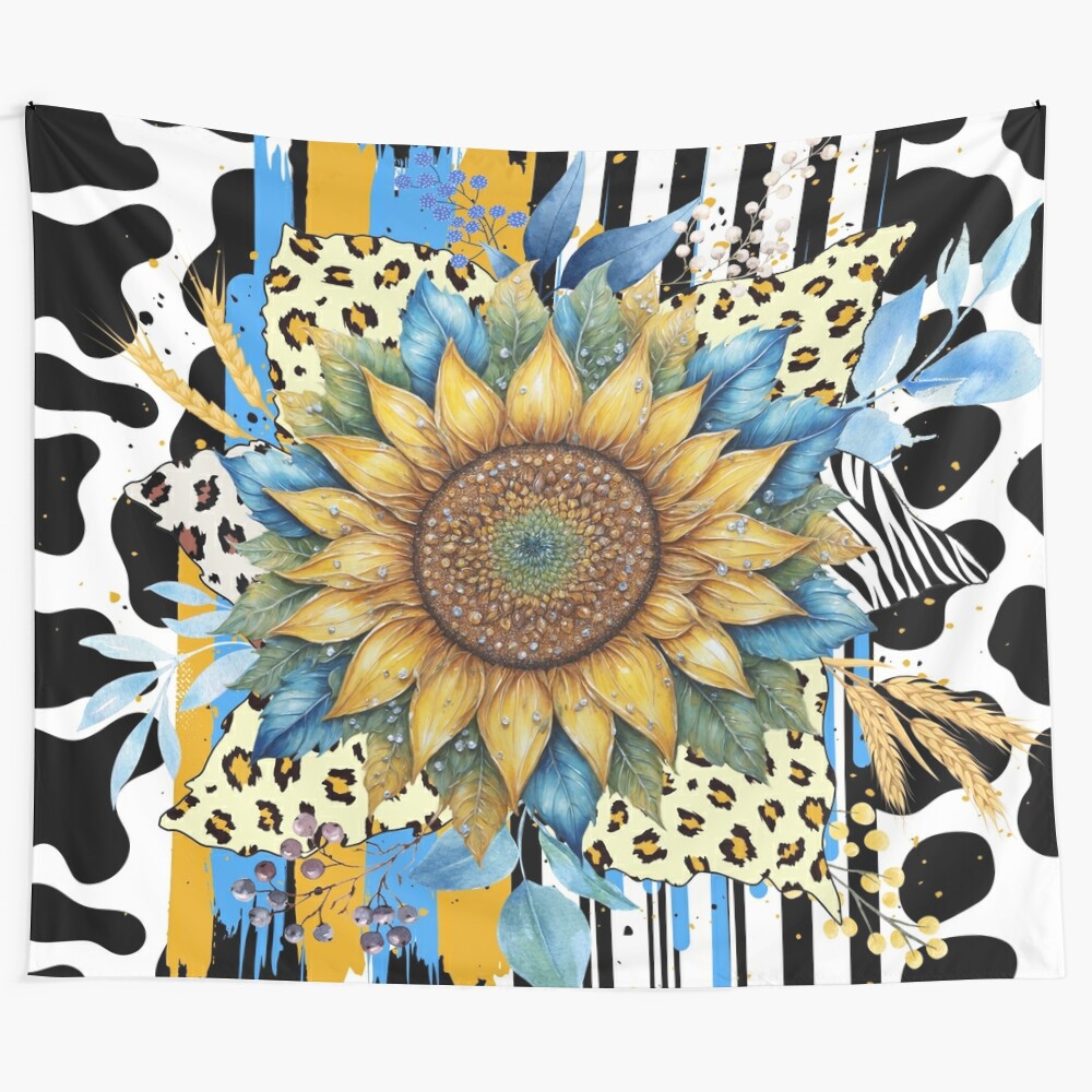 Colorful abstract sunflower tapestry with nature-inspired patterns