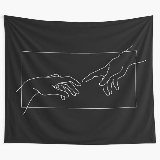 Minimalist tapestry featuring the iconic hands of Adam and Eve from Michelangelo's Creation of Adam in the Sistine Chapel