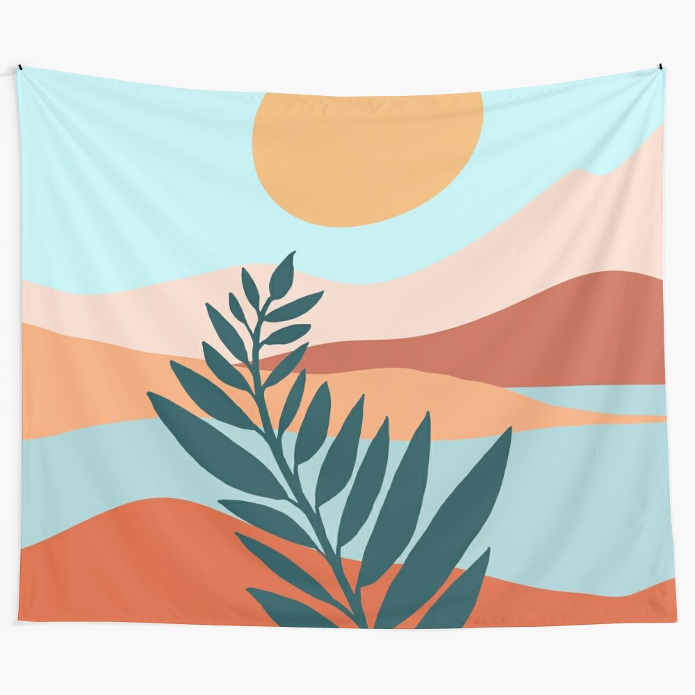 Vibrant Mediterranean landscape tapestry featuring mountains, sea, and sunset