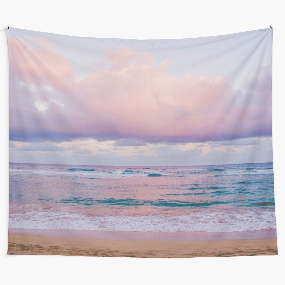 Pastel Beach Tapestry - Scenic Kauai, Hawaii landscape with pink, purple, and blue hues