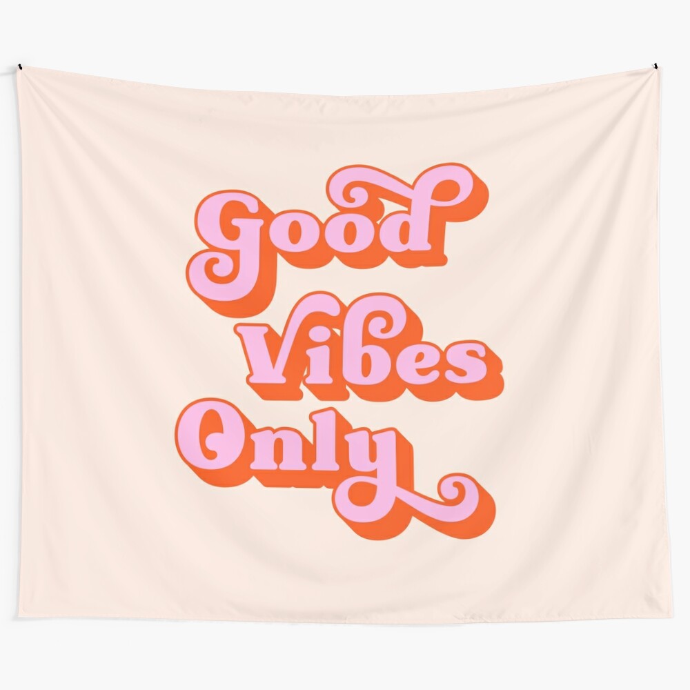 Retro peach and pink tapestry with "Good Vibes Only" typography