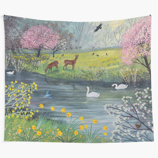 Beautiful spring river landscape tapestry with wildlife and floral elements