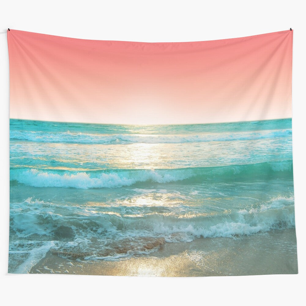 Vibrant abstract tapestry featuring aqua and coral colors inspired by the ocean