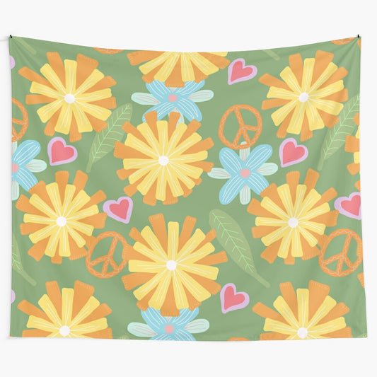 Boho floral tapestry with vibrant 1970s-style tropical flowers and peace symbols