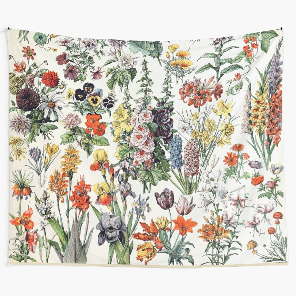 Vintage floral tapestry featuring white flowers and green leaves