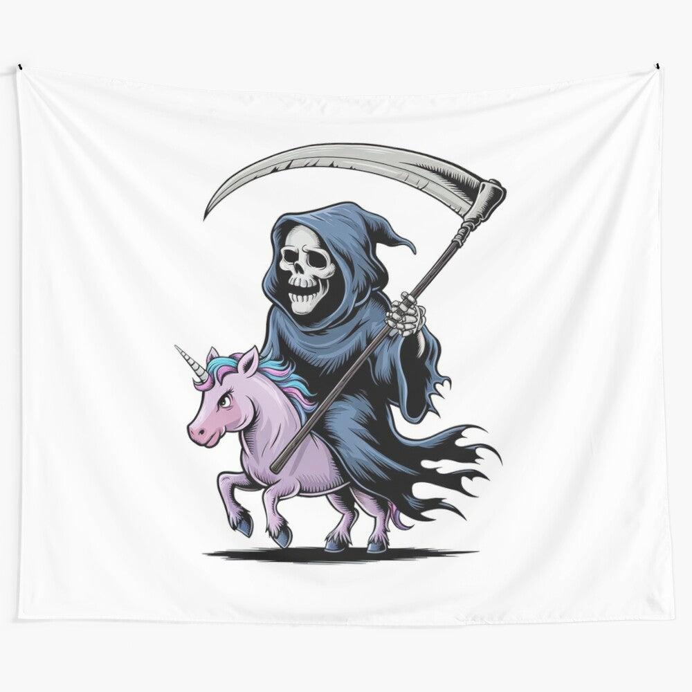 Grim Reaper riding a unicorn, fantasy illustration tapestry