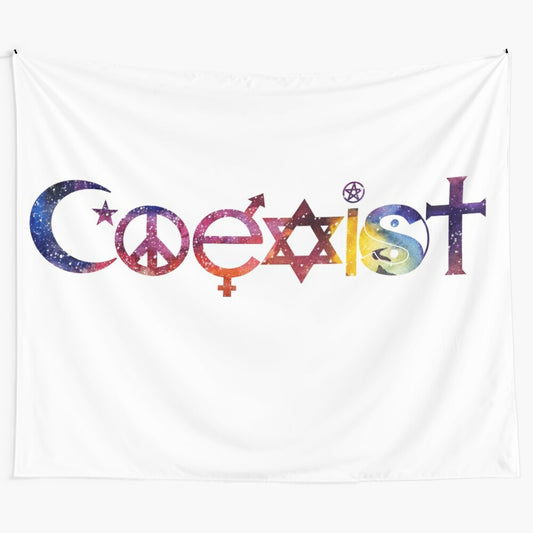 Vibrant COEXIST tapestry featuring a space and galaxy design with symbolic elements representing diversity and inclusivity.