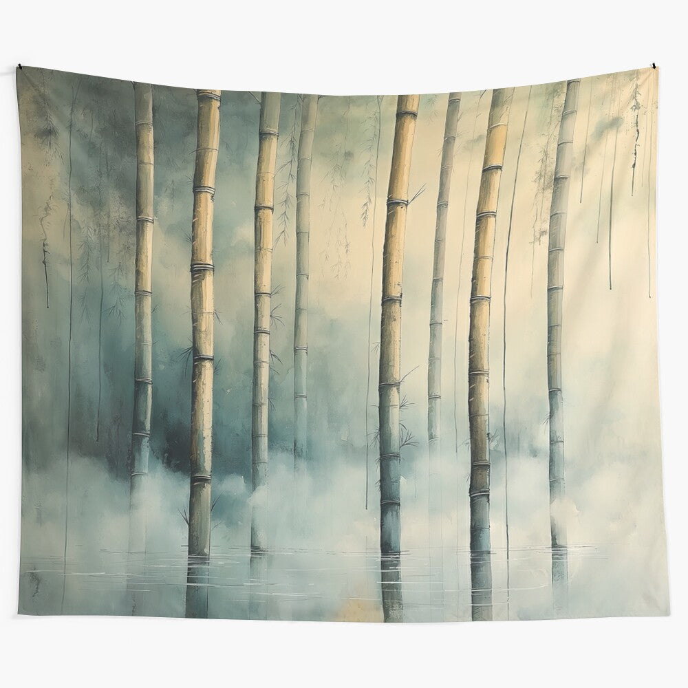 Misty bamboo grove landscape tapestry featuring a tranquil forest scene