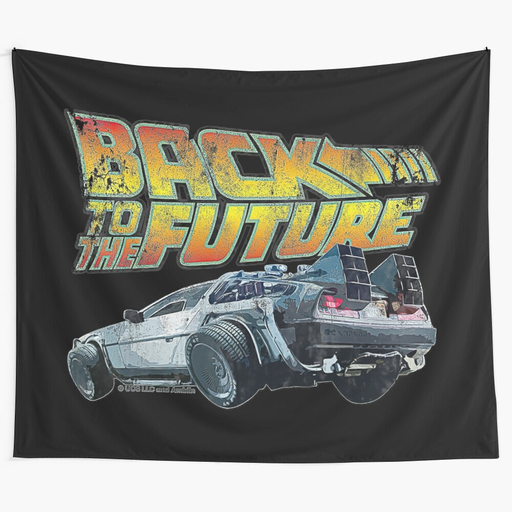 Back to the Future inspired tapestry featuring the Delorean time machine, Marty McFly, and retro 80s elements