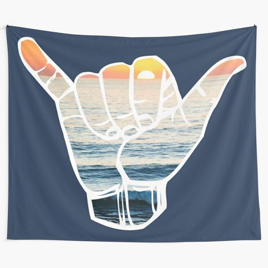 Boho shaka tapestry with tropical ocean waves and surf imagery