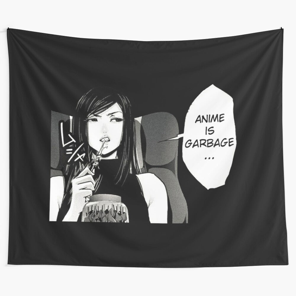 Satirical "Anime is Garbage" tapestry featuring characters from the anime Prison School