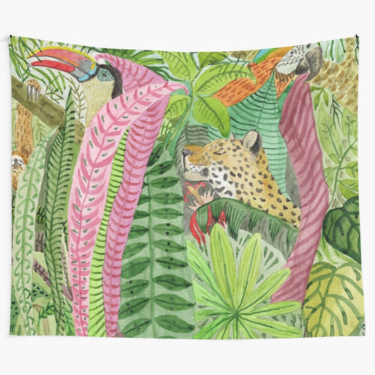 Colorful jungle animals tapestry featuring leopard, sloth, and tropical birds