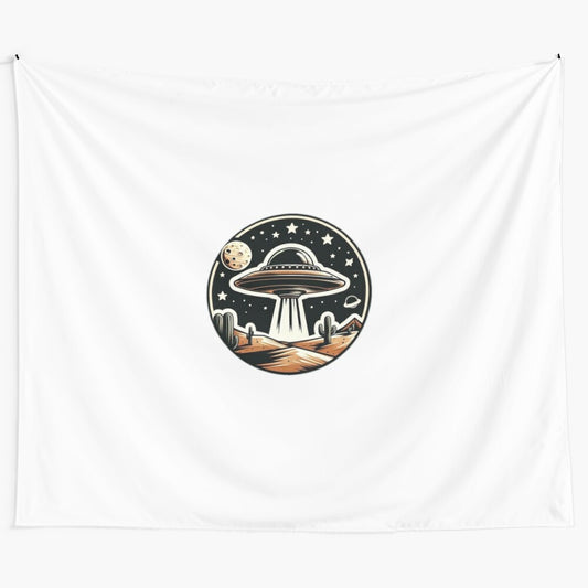 Alien desert invasion tapestry featuring UFOs, spaceships, and cosmic landscapes