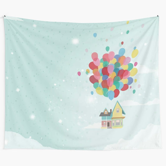 Whimsical tapestry featuring the iconic floating house and balloons from Disney Pixar's Up