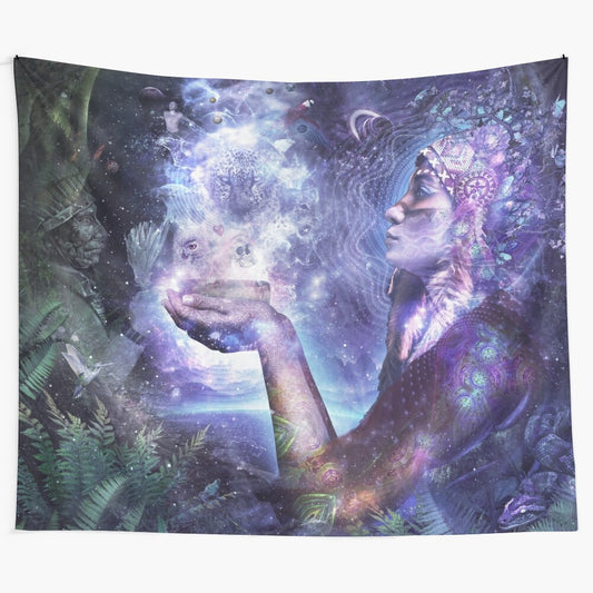 Ayahuasca tapestry with vibrant psychedelic visuals and nature-inspired imagery