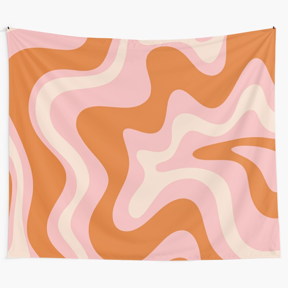 Vibrant retro modern abstract tapestry with a liquid swirl pattern in shades of orange, pink, and cream