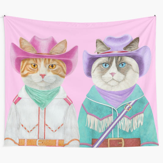 Colorful tapestry featuring a ginger cat and a ragdoll cat in a western-inspired setting