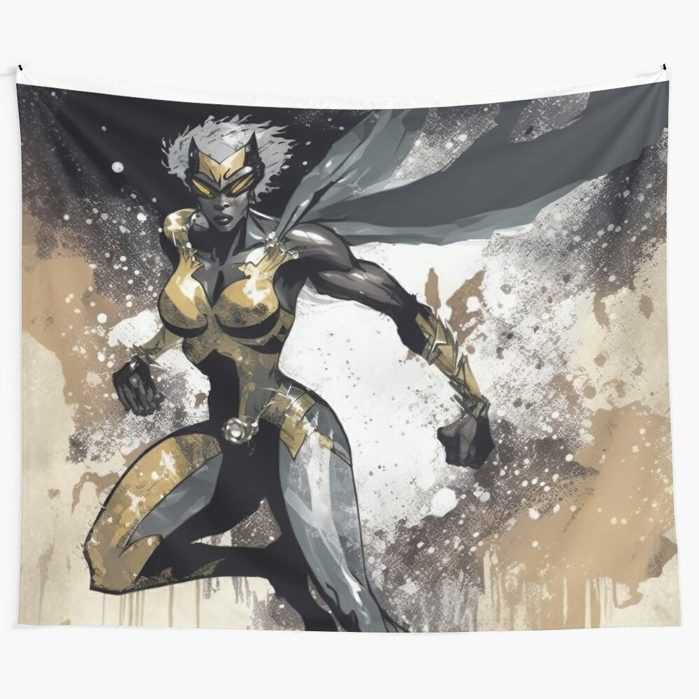 Tapestry depicting a powerful earth superhero in an anime-inspired warrior pose