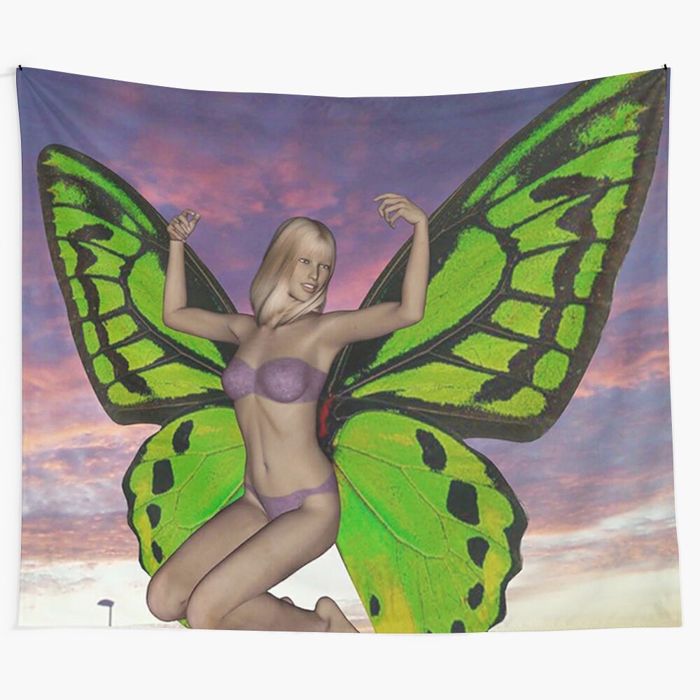 Colorful butterfly tapestry with fantasy and nature-inspired patterns