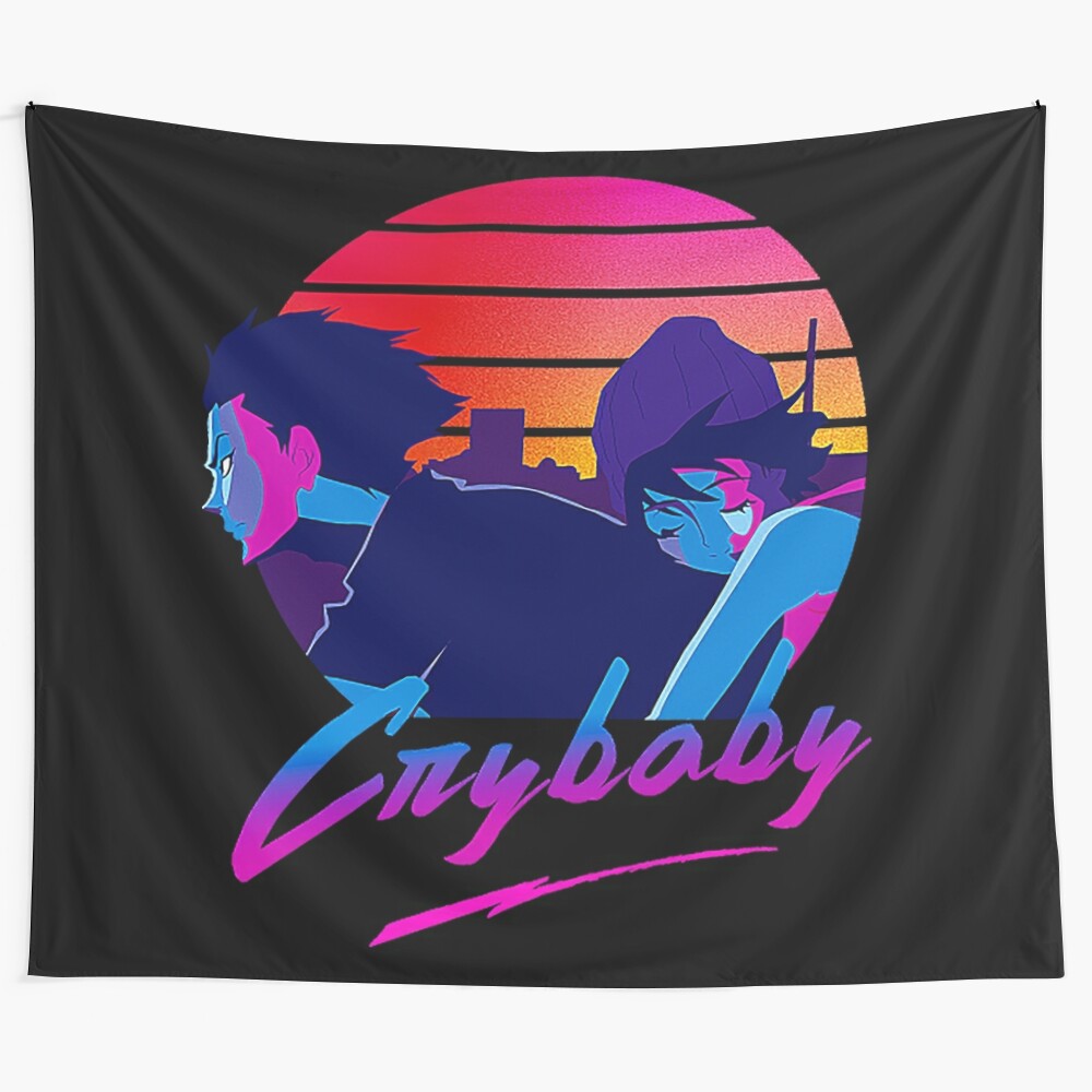 Devilman crybaby-inspired 80s aesthetic tapestry featuring Akira Fudo and Miki Makimura