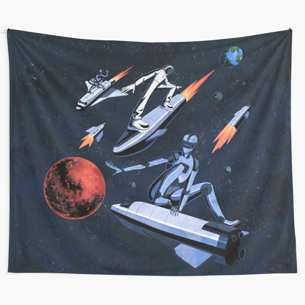 Tapestry depicting a space scene with a rocket, astronauts, and the planet Mars