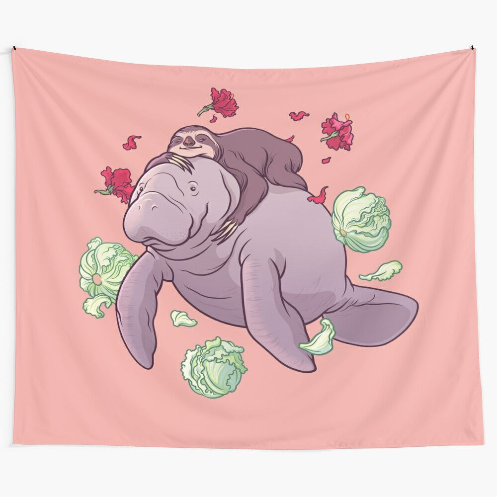 Colorful tapestry featuring manatee, sloth, and tropical plants