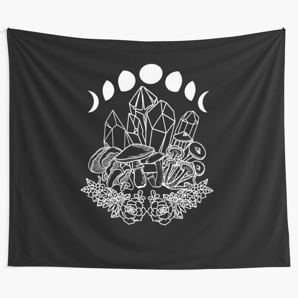 Mystical moon phases, crystals, mushrooms, and succulents tapestry