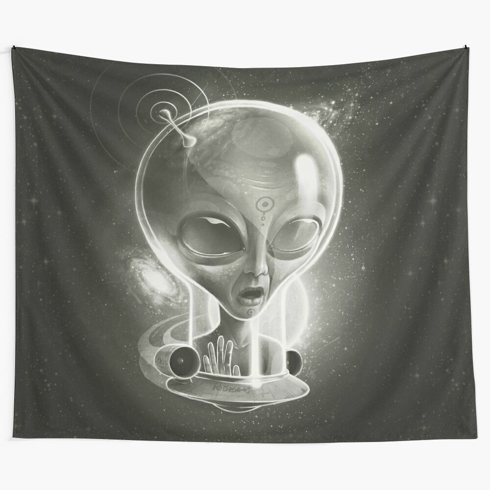 Tapestry depicting a cosmic alien scene with a focus on the alien element