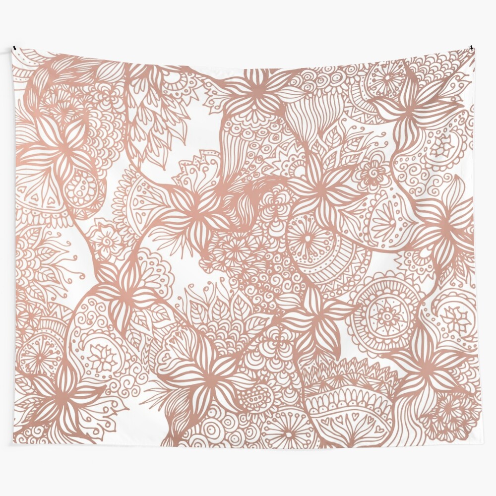 Rose gold floral doodle tapestry with boho mandala pattern