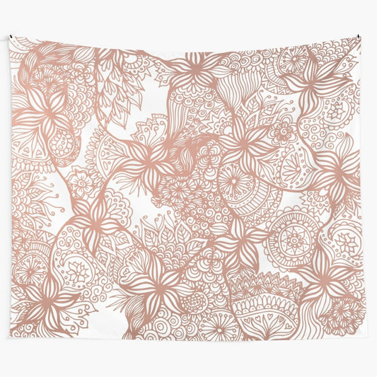 Rose gold floral doodle tapestry with boho mandala pattern