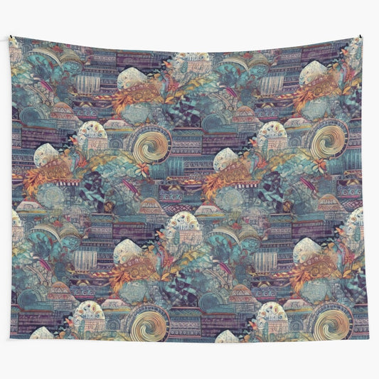 Retro boho tapestry with vibrant floral and hippie patterns